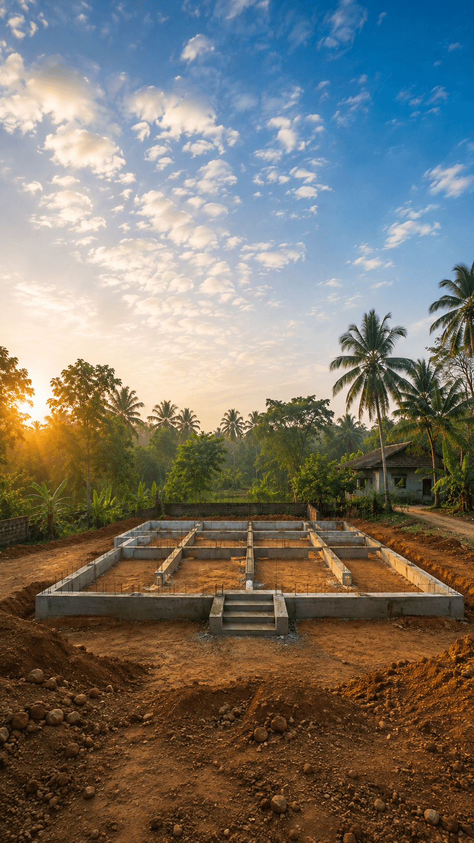 Concrete foundation of a new house laid out on cleared land at sunrise